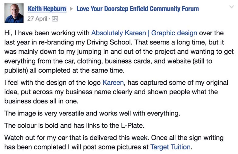 Keith Hepburn of Target Tuitions testimonial for his newly designedlogo