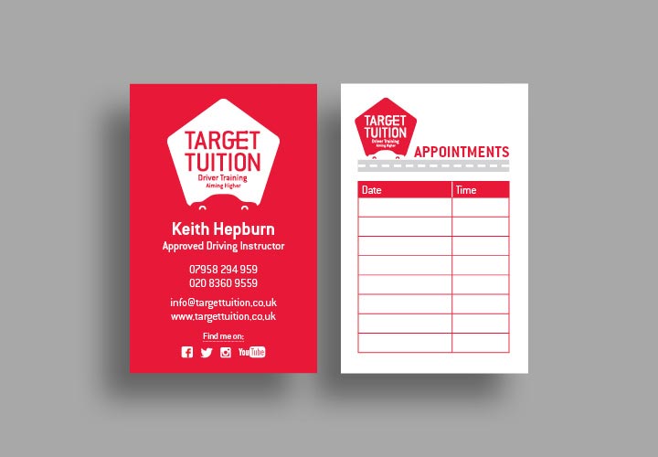 Driving school tuition business card design with an appointment card on the back