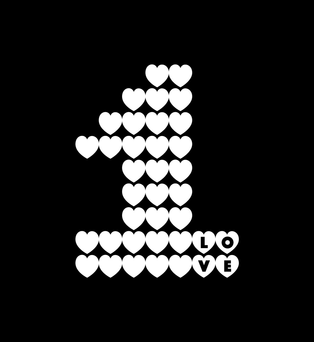 One Love graphic made up of hearts to form the charter number 1