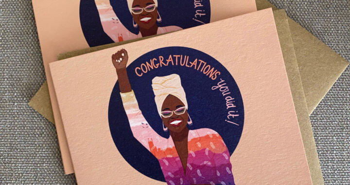 Illustration of a black girl standing with her hand raised up with the words, congratulations you did it.