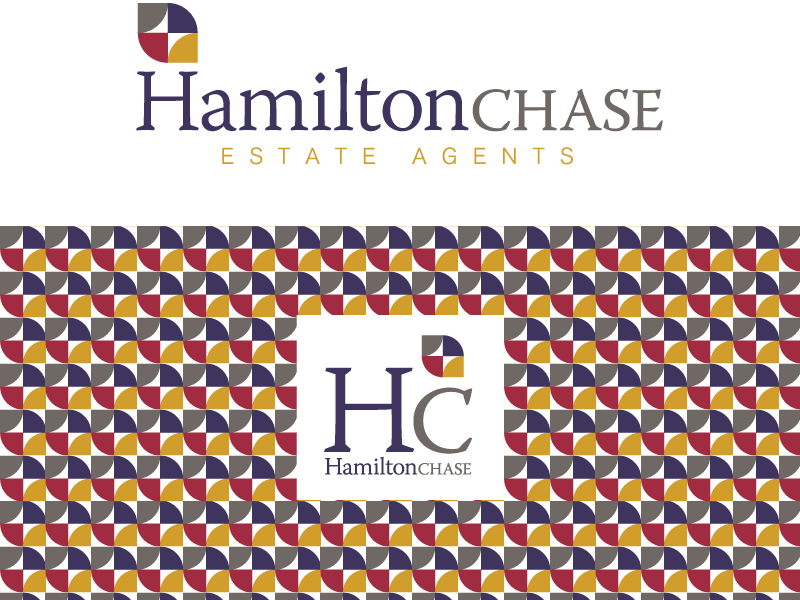 Hamilton chase estate agents logo. Colours are purple, red, ochre and stone