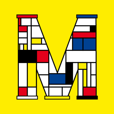 red, blue, yellow and black rectangles in the shape of an M
