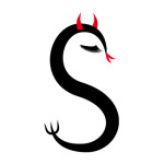 black lettering with red horns, forked tongue and a devils tail